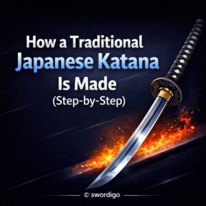 Traditional Japanese Katana forging process Katana steel folding technique Hamon line on Japanese Katana blade Handmade Katana sword polishing stage